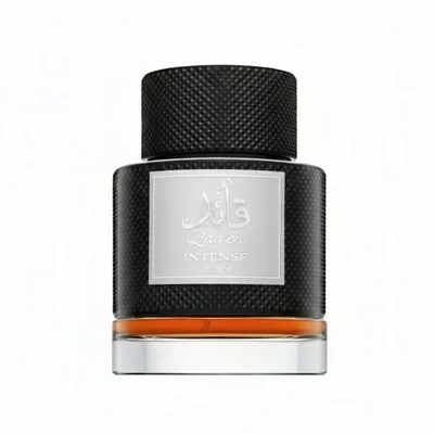 Qaaed Intense Lattafa edp perfume black bottle silver label orange dark liquid inside