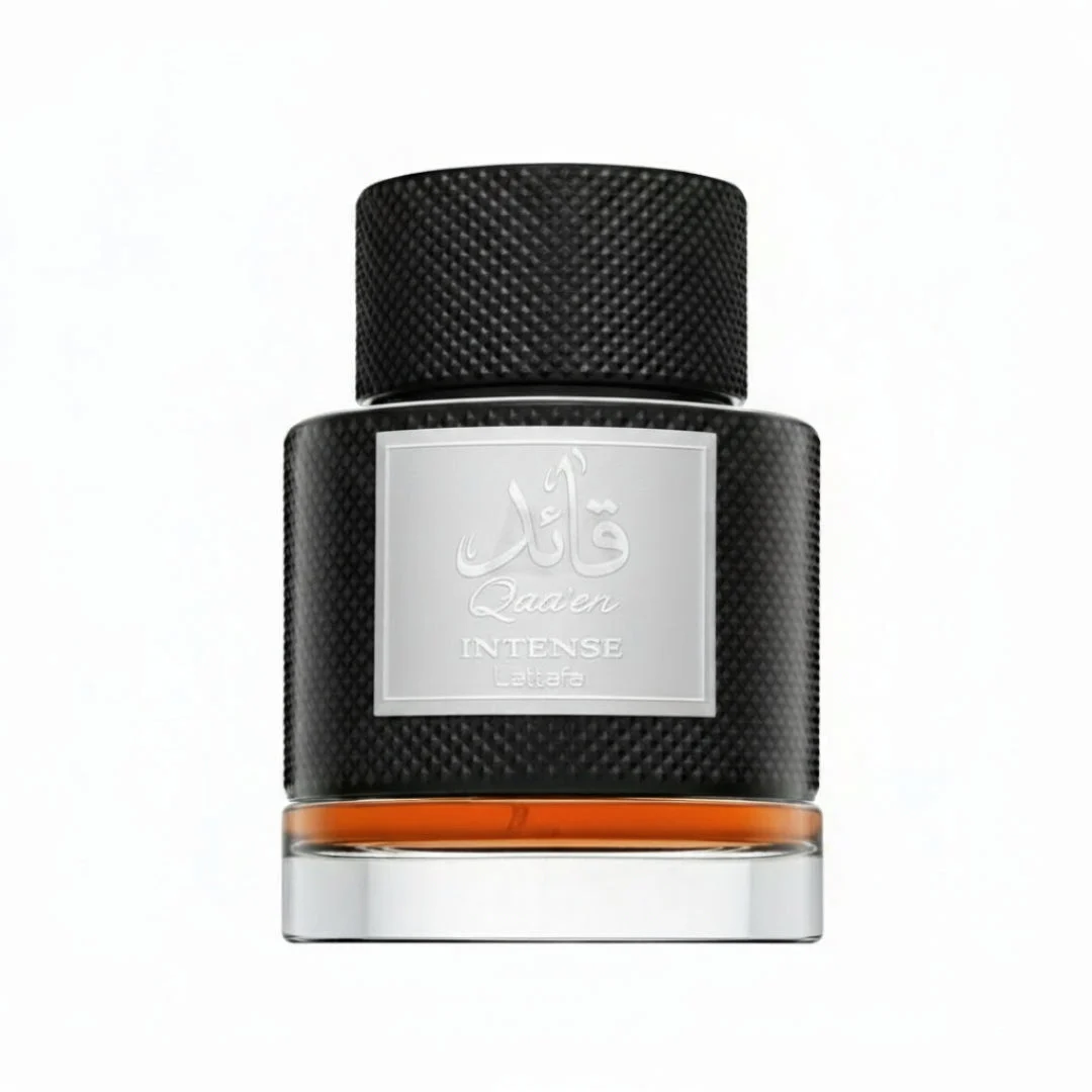 Qaaed Intense Lattafa edp perfume black bottle silver label orange dark liquid inside
