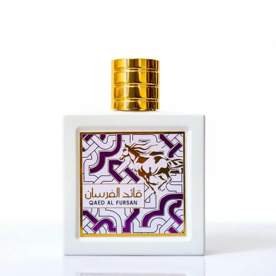 Qaed Al Fursan Unlimited Lattafa edp white gold purple arabic label square glass bottles closeup