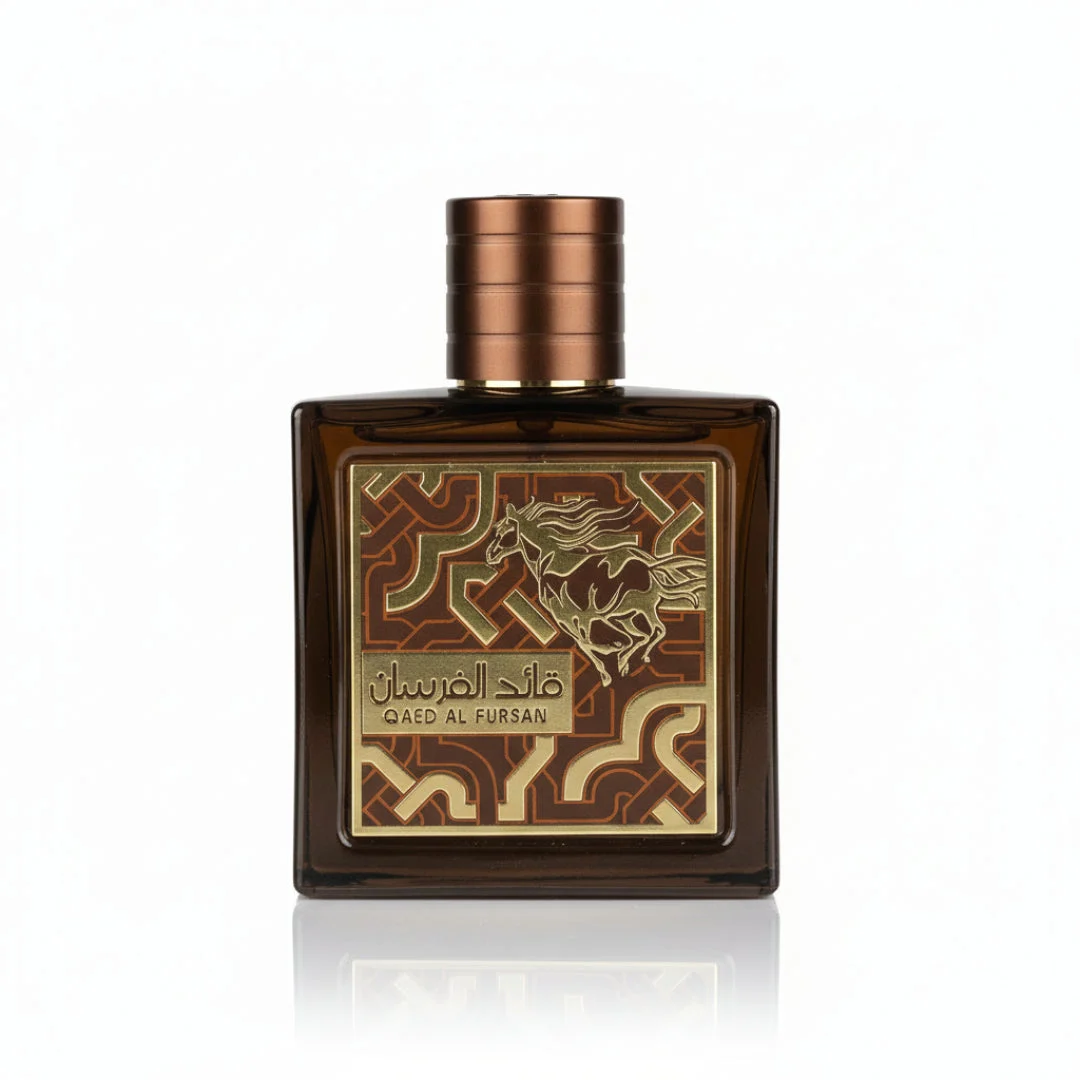 Qaed Al Fursan Untamed Lattafa edp perfume brown glass square shaped bottle copper cap closeup