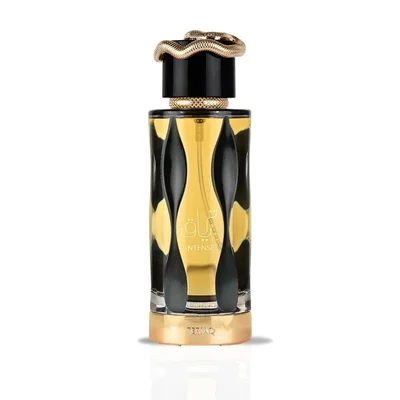 Teriaq Intense Lattafa eau de parfum black yellow gold glass bottle minimalist elegant