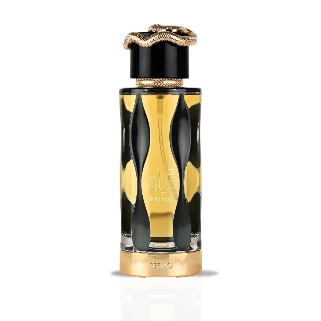Teriaq Intense Lattafa eau de parfum black yellow gold glass bottle minimalist elegant