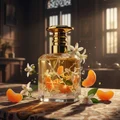 Mazaaji Lattafa perfume glass bottle flowers and fresh oranges dark wooden table