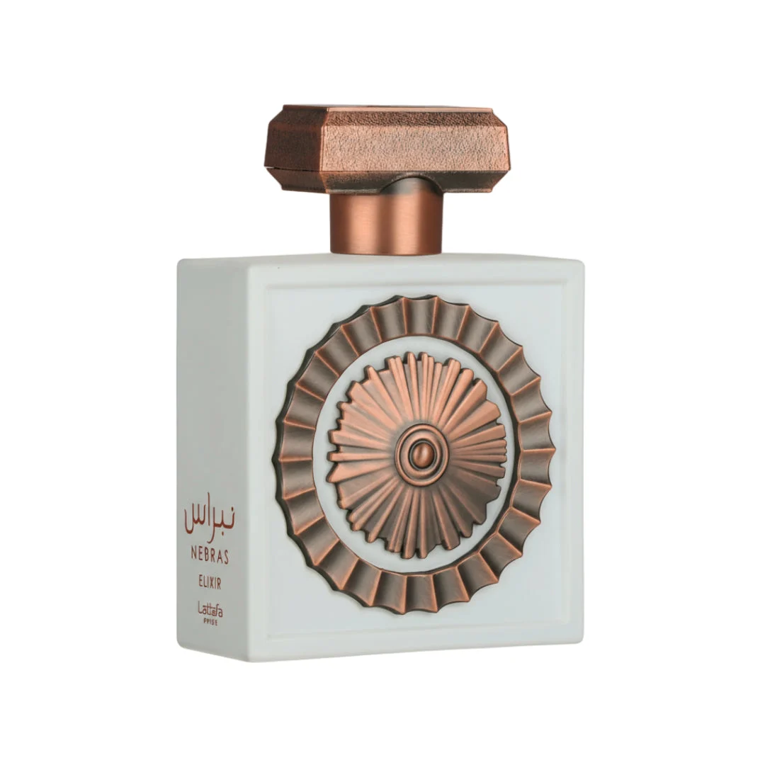 Nebras Elixir Lattafa white square fragrance bottle closeup copper cap design