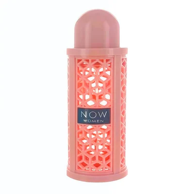 Now Women Rave Lattafa edp pink cylindrical tube closeup front side view