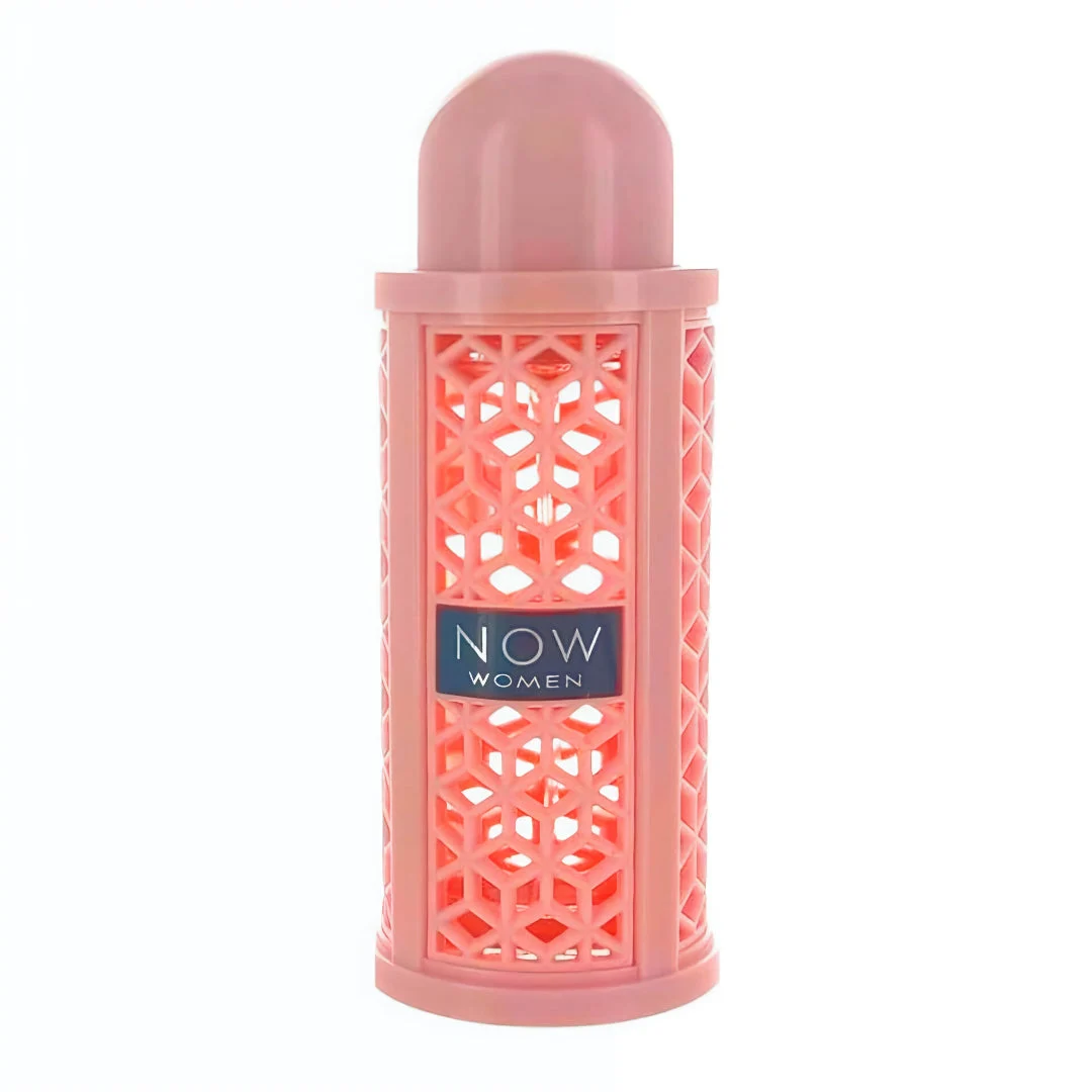 Now Women Rave Lattafa edp pink cylindrical tube closeup front side view