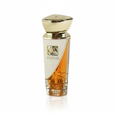 Reve Rose Vurv Lattafa edp gold cap transparent brown liquid elegant glass bottles standing