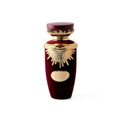 Sakeena Lattafa edp women dark red velvet gold accents fragrance bottle closeup front view