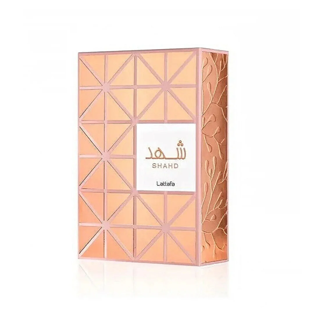 Shahd Lattafa perfume packaging peach colour tone closeup view showing details design white background