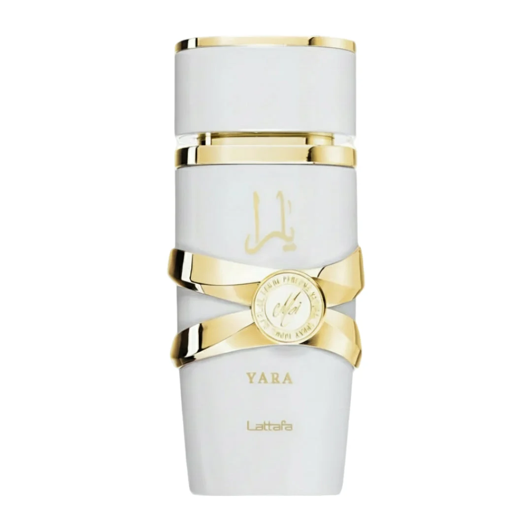 Yara Moi Lattafa edp women white cylindrical fragrance gold accents white background closeup