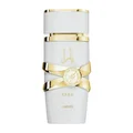 Yara Moi Lattafa edp women white cylindrical fragrance gold accents white background closeup