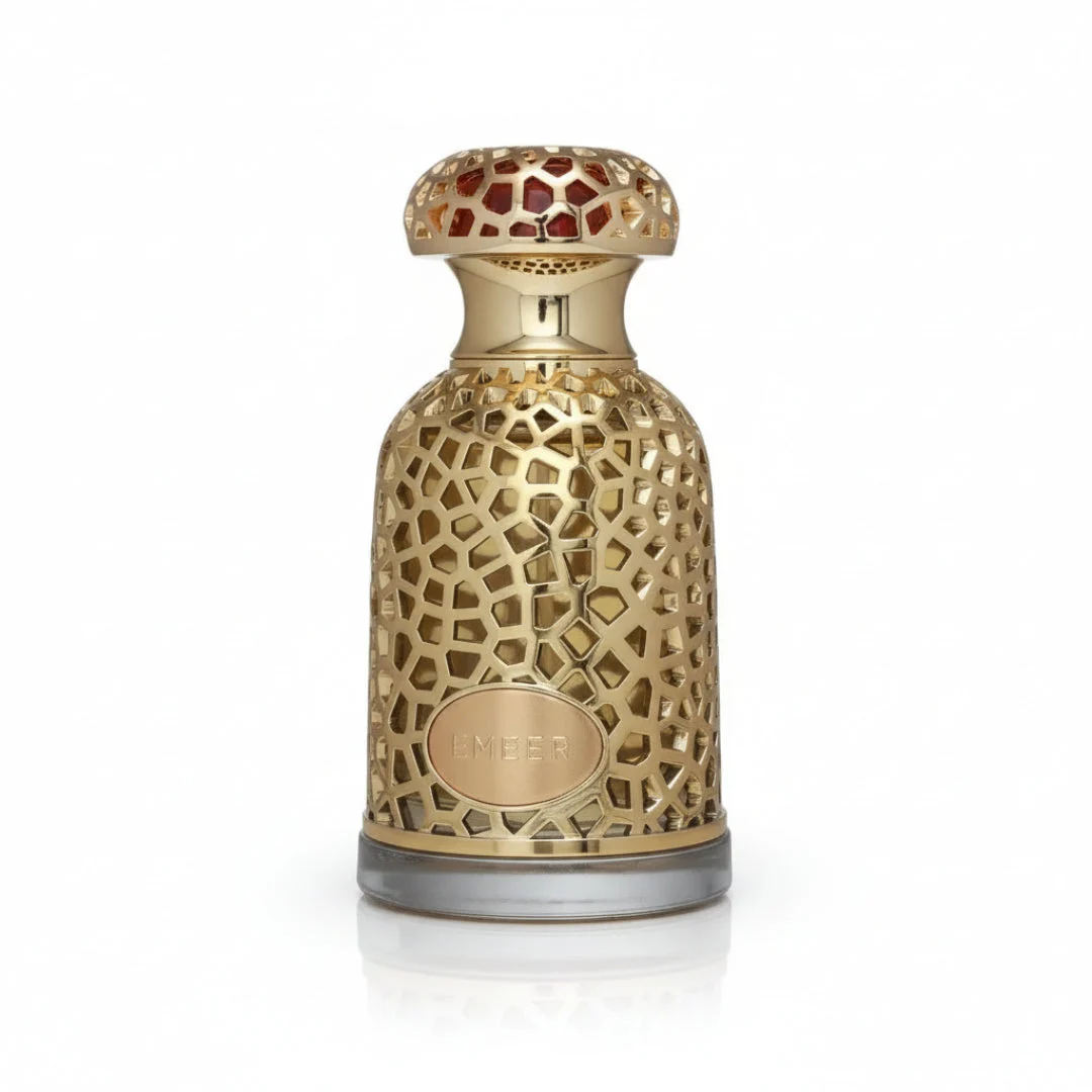 Emeer Lattafa gold woody scent perfume bottle white dark closeup