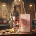 Yara Lattafa edp women pink glass fragrance on wooden table in Malay room setting closeup