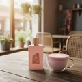 Ameerat Al Arab Prive Rose Lattafa pink fragrance table setting coffee cup cafe