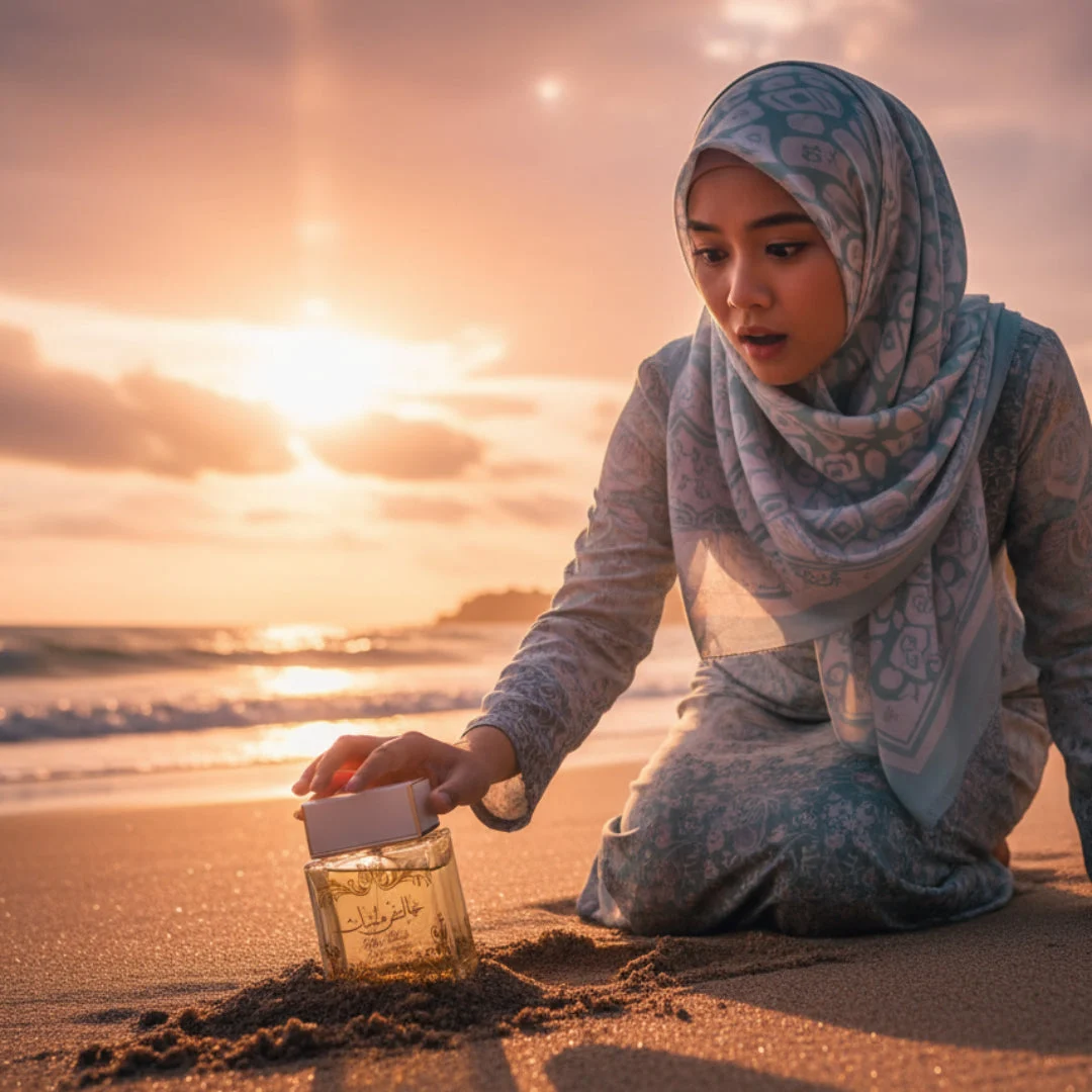 Woman in hijab holding Pure Musk Lattafa on beach sunset closeup side profile