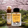 Khalis Pure Oudi Lattafa edp bottles serene Japanese garden pink blossoms rock