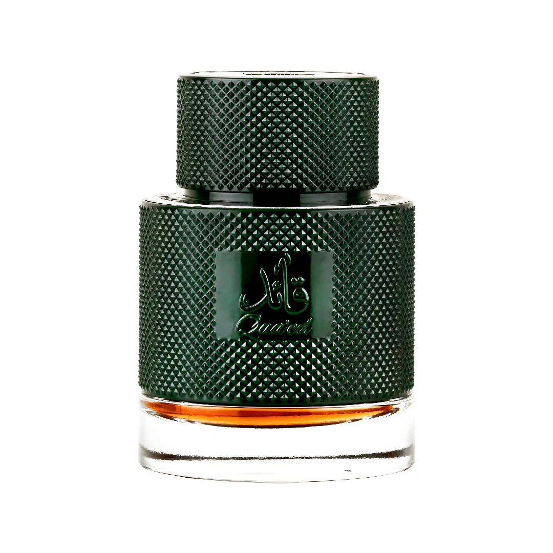 Qaaed Al Shabaab Lattafa dark green textured cologne glass amber liquid closeup