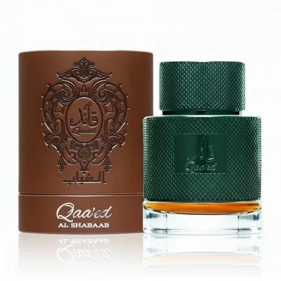 Qaaed Al Shabaab Lattafa green cologne brown packaging white background closeup side