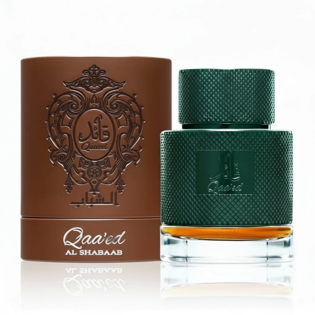 Qaaed Al Shabaab Lattafa green cologne brown packaging white background closeup side