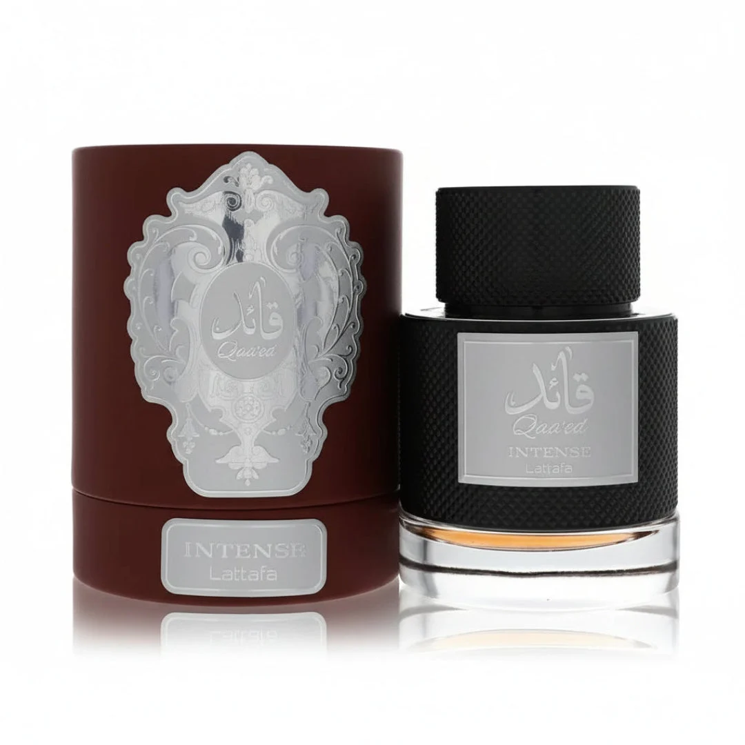 Qaaed Intense Lattafa perfume bottle and box jewelry white clean background