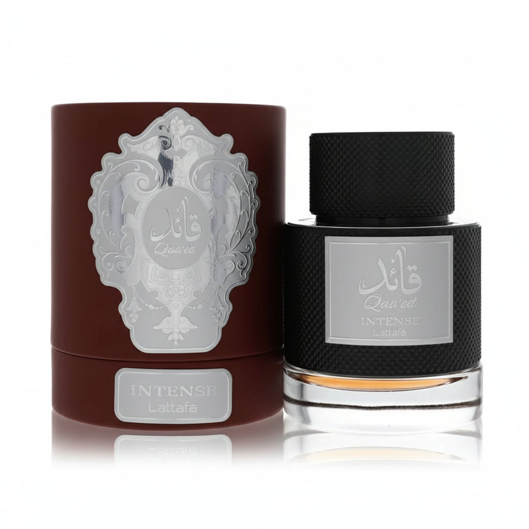 Qaaed Intense Lattafa perfume botol & kotak mewah, latar putih bersih