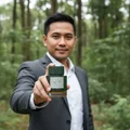 Man in suit holding Qaaed Intense Lattafa green cologne outdoors forest background
