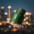 Qaaed Al Shabaab Lattafa green men fragrance city lights background night closeup