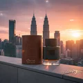 Qaaed Al Shabaab Lattafa fragrance brown packaging city rooftop sunset background