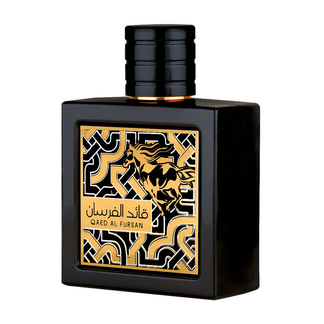 Qaed Al Fursan Lattafa black rectangular fragrance cologne packaging closeup front view