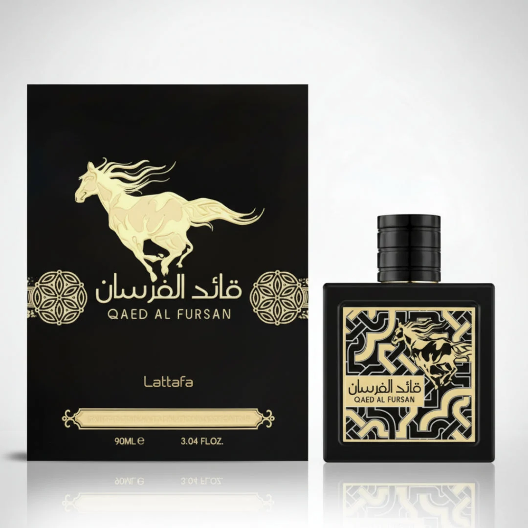 Qaed Al Fursan Lattafa perfume bottle and box black horse design golden jumping