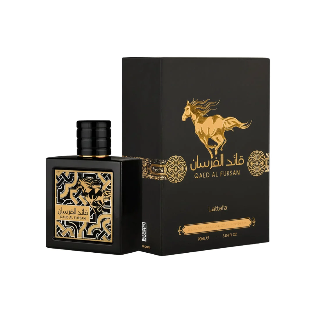 Qaed Al Fursan Lattafa perfume bottle and box black gold ornament elegant closeup view