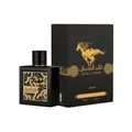 Qaed Al Fursan Lattafa perfume bottle and box black gold ornament elegant closeup view