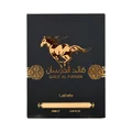 Qaed Al Fursan Lattafa packaging black background gold horse logo closeup front side label