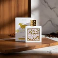 Qaed Al Fursan Unlimited Lattafa edp perfume on wooden board marble background closeup side view