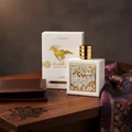 Qaed Al Fursan Unlimited Lattafa edp white gold on wooden table closeup side angle shot