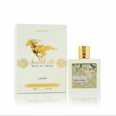 Qaed Al Fursan Unlimited Lattafa edp perfume bottle and box white gold geometric horse ornament