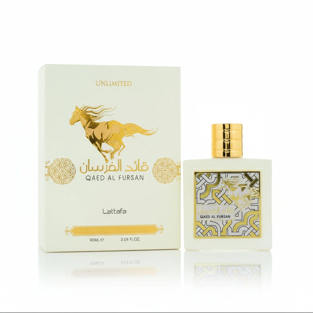 Qaed Al Fursan Unlimited Lattafa edp perfume bottle and box white gold geometric horse ornament