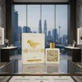 Qaed Al Fursan Unlimited Lattafa edp perfume white packaging on glass table top view