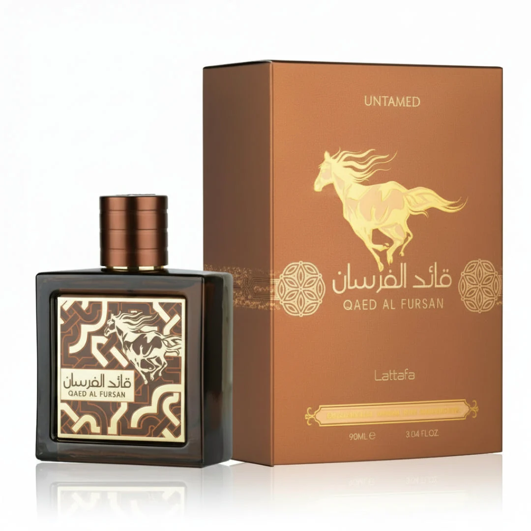 Qaed Al Fursan Untamed Lattafa edp perfume brown glass bottle next white background closeup
