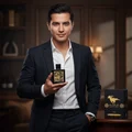 Man in suit holding Qaed Al Fursan Lattafa fragrance black gold packaging close up view