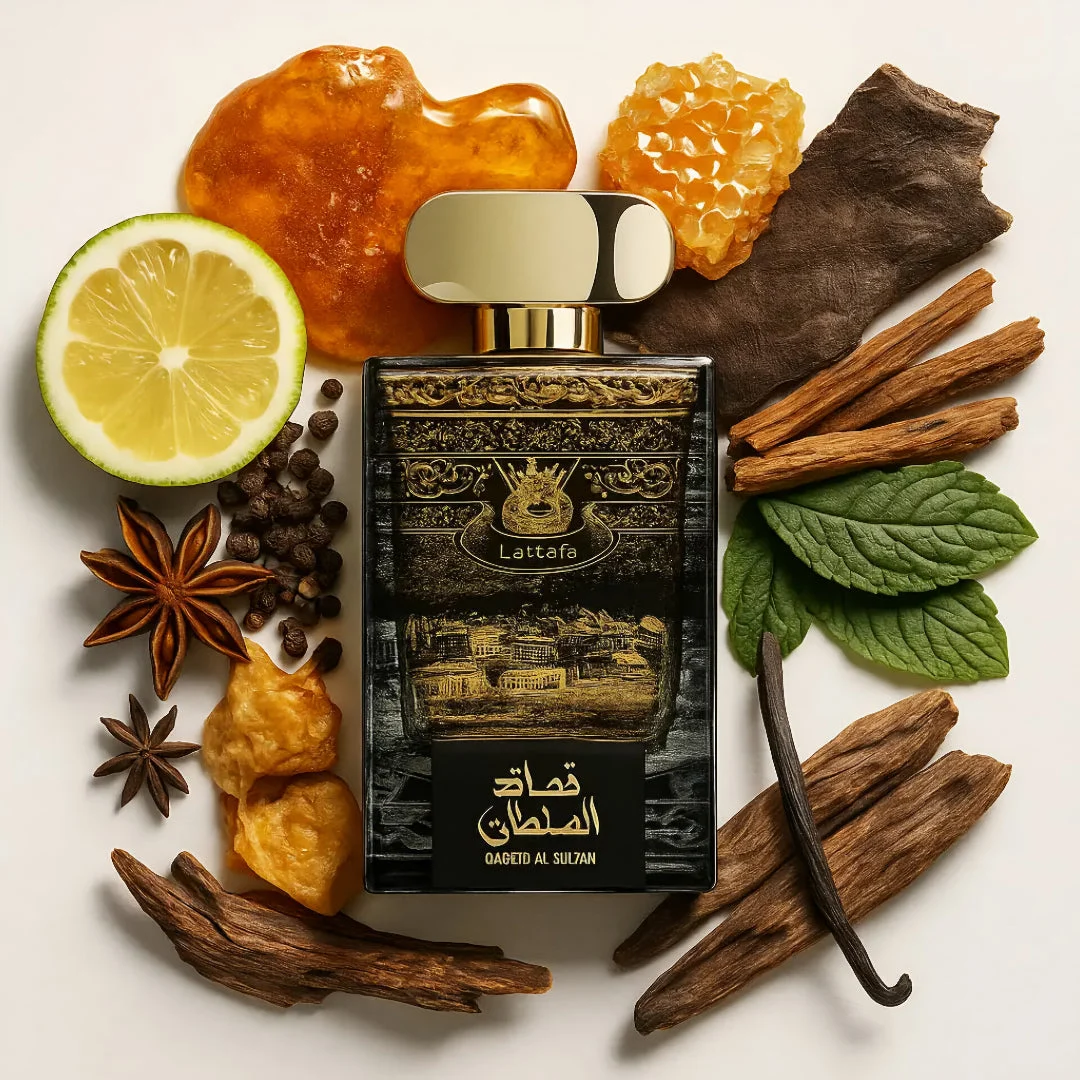 Lattafa Qasaed Al Sultan edp surrounded by ingredients on white background closeup view top angle black