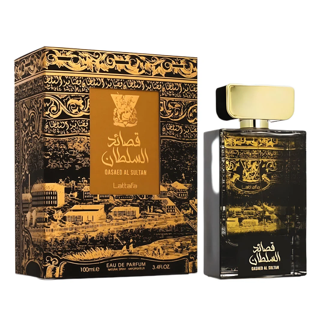 Lattafa Qasaed Al Sultan edp men packaging in gold on black background closeup view side