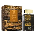 Lattafa Qasaed Al Sultan edp men packaging in gold on black background closeup view side