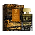 Lattafa Qasaed Al Sultan edp bottle and box black gold cap top white background