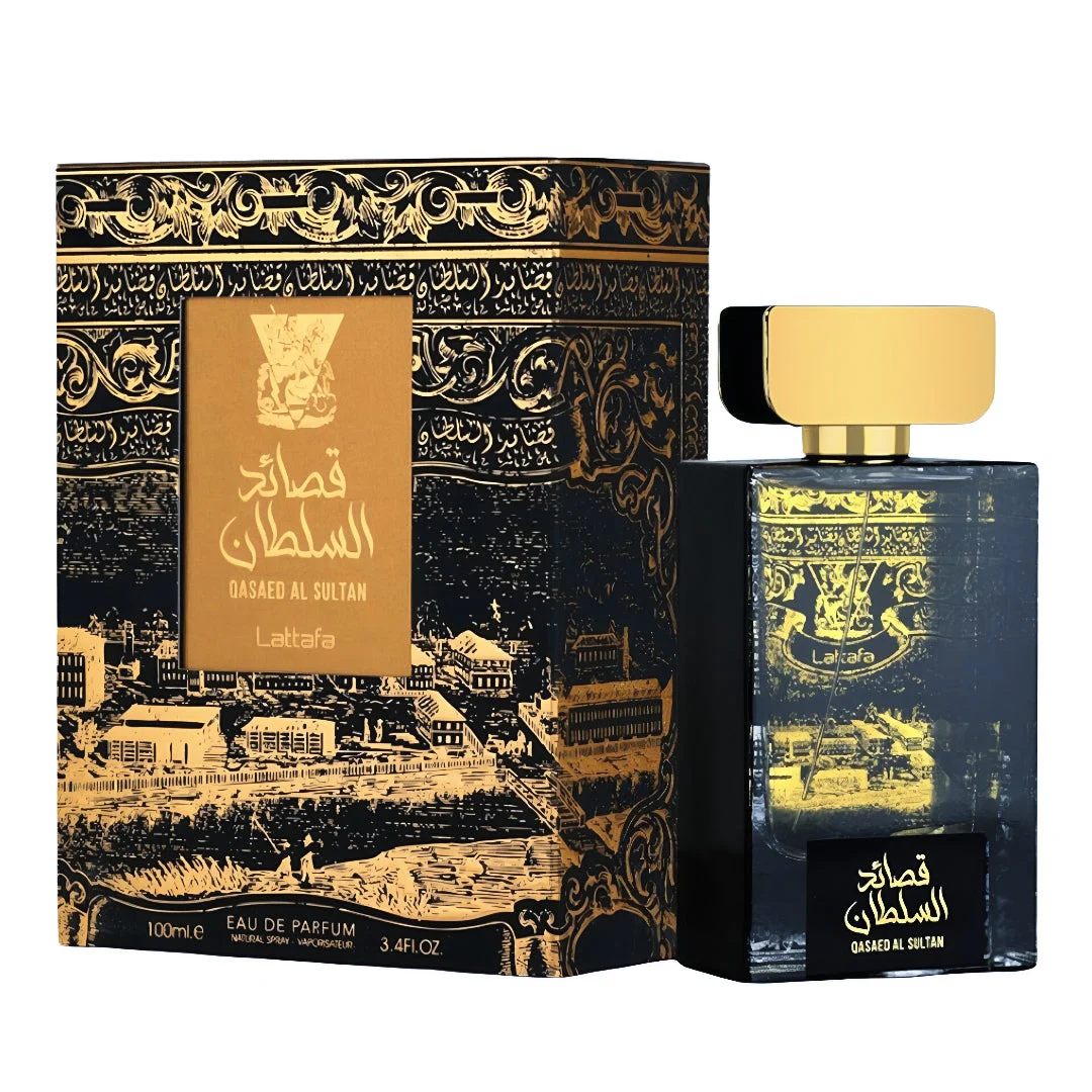 Lattafa Qasaed Al Sultan edp bottle and box black gold arabesque ornament white