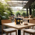 Raed Luxe Lattafa on table in cafe surrounded green plants warm sunlight filter through roof