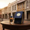 Raed Luxe Lattafa perfume on table outside old buildings Malaysia city street scene