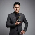 Man in suit holding Lattafa Raghba black edp fragrance against grey background confidently standing closeup