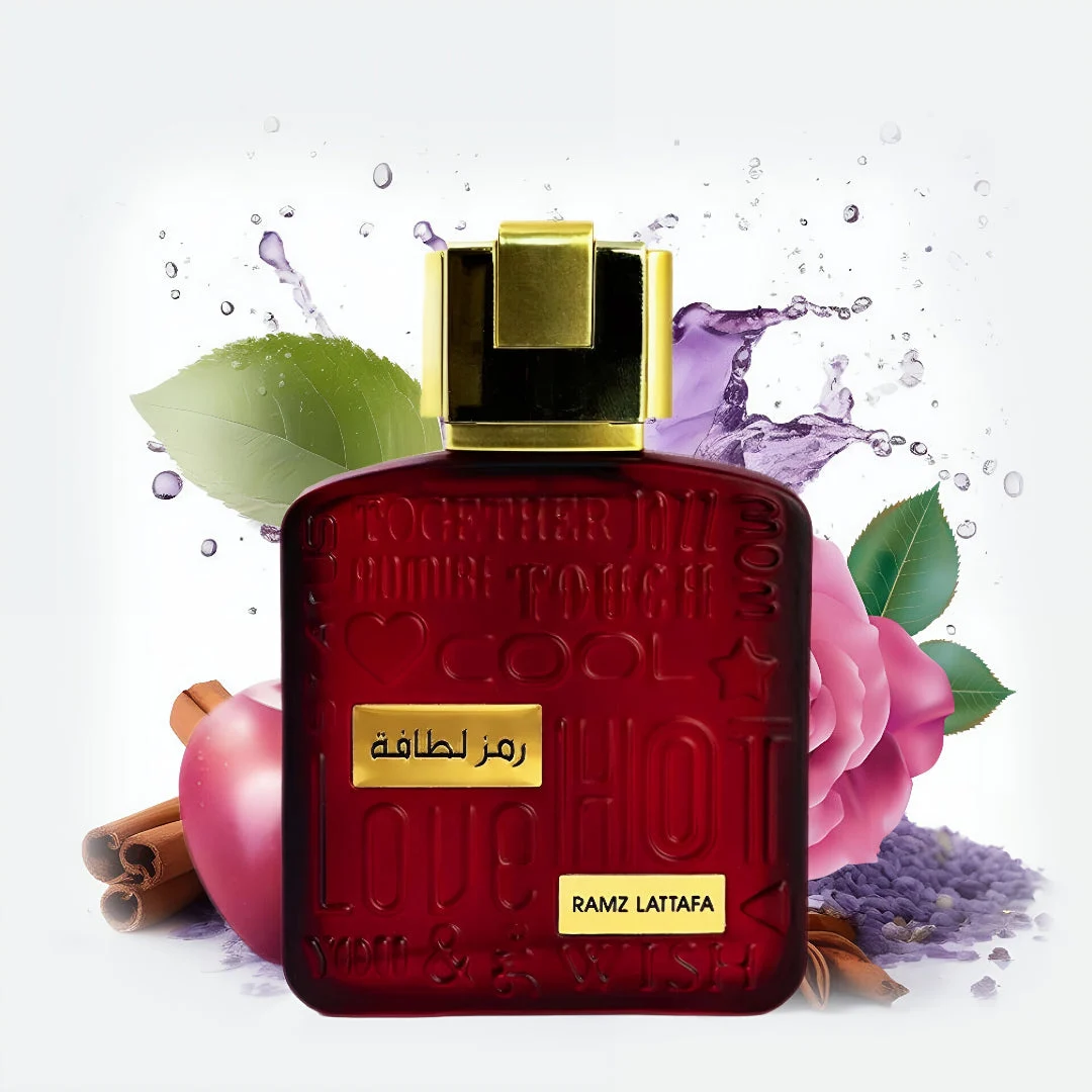 Red Ramz Gold Lattafa Woman edp surrounded by flowers cinnamon sticks water splash green leaves