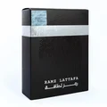 Lattafa ramz silver perfume packaging in black colour angled view showing fingerprint design closely